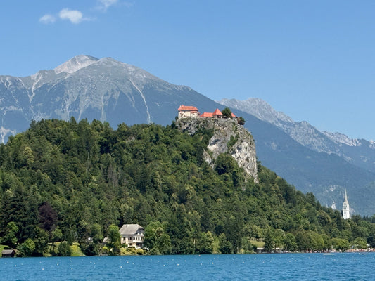Lake Bled Castle and Julian Alps in Slovenia near pickleball courts